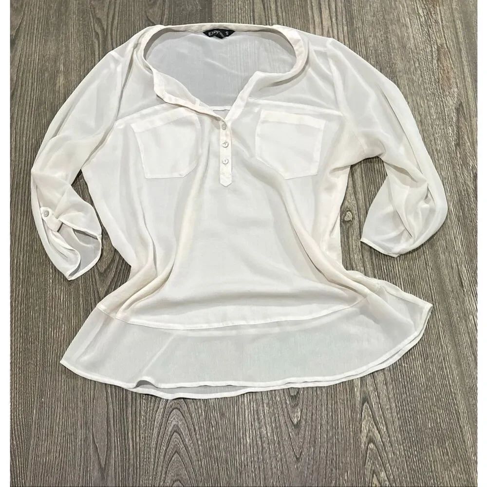 Express Womens Portofino Collarless Sheer Blouse Roll-Tab 3/4 Sleeve Cream Sz L